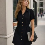 Black Collar Button Pockets Mini Dress